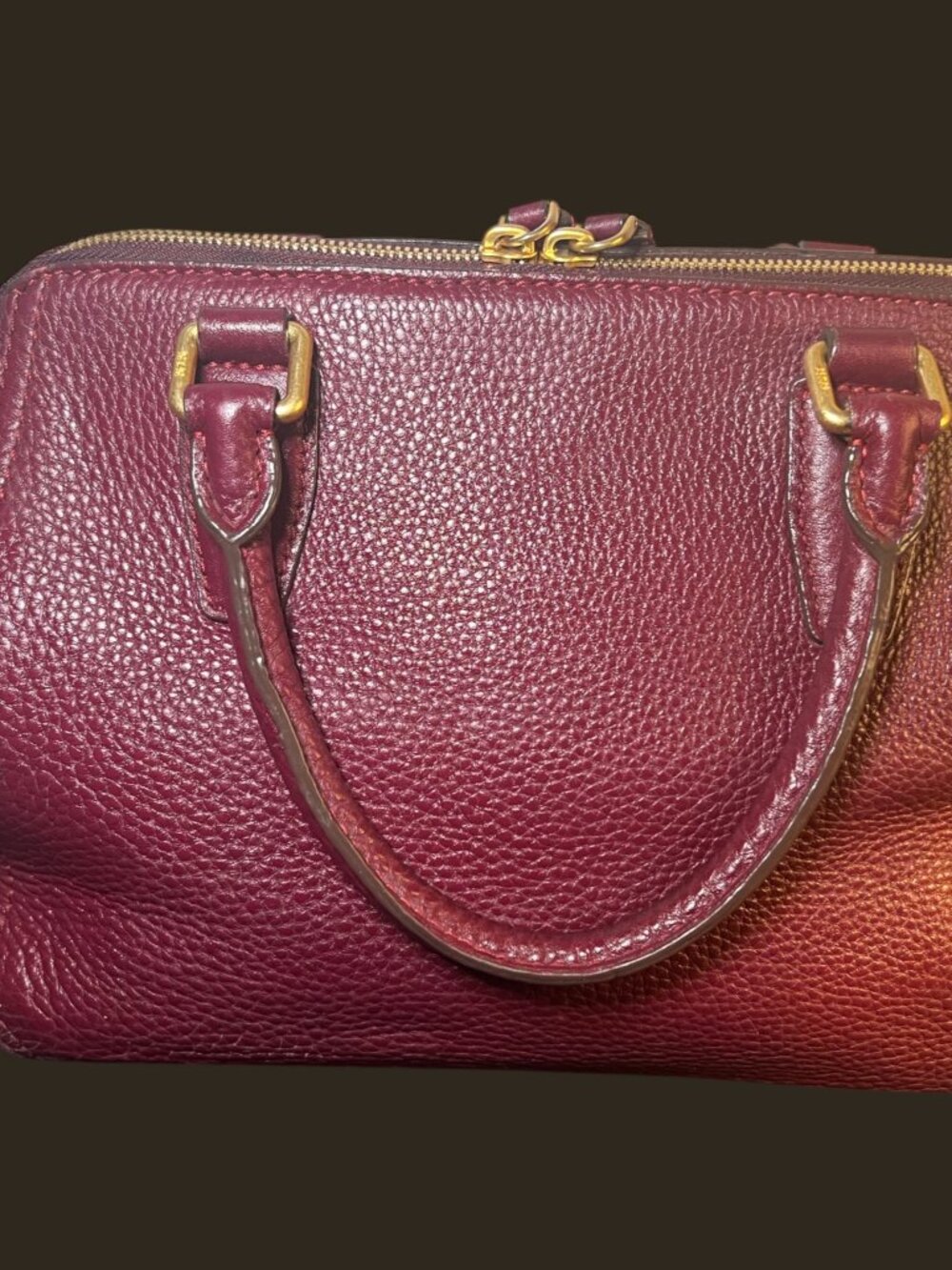 MCM München Burgundy Pebbled Leather Boston Satchel Crossbody Bag Gold Hardware - Picture 10 of 14